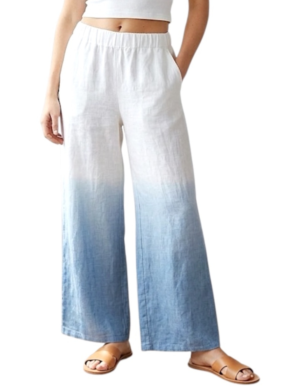 Italian linen white blue ombre pure linen wide leg pull on pants beach coverup
